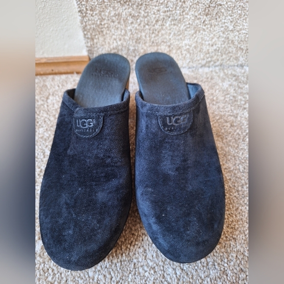 UGG Black Suede/Wood Clogs bohemian Sherpa lined winter cabin chic Womens Size 7 - Picture 6 of 9
